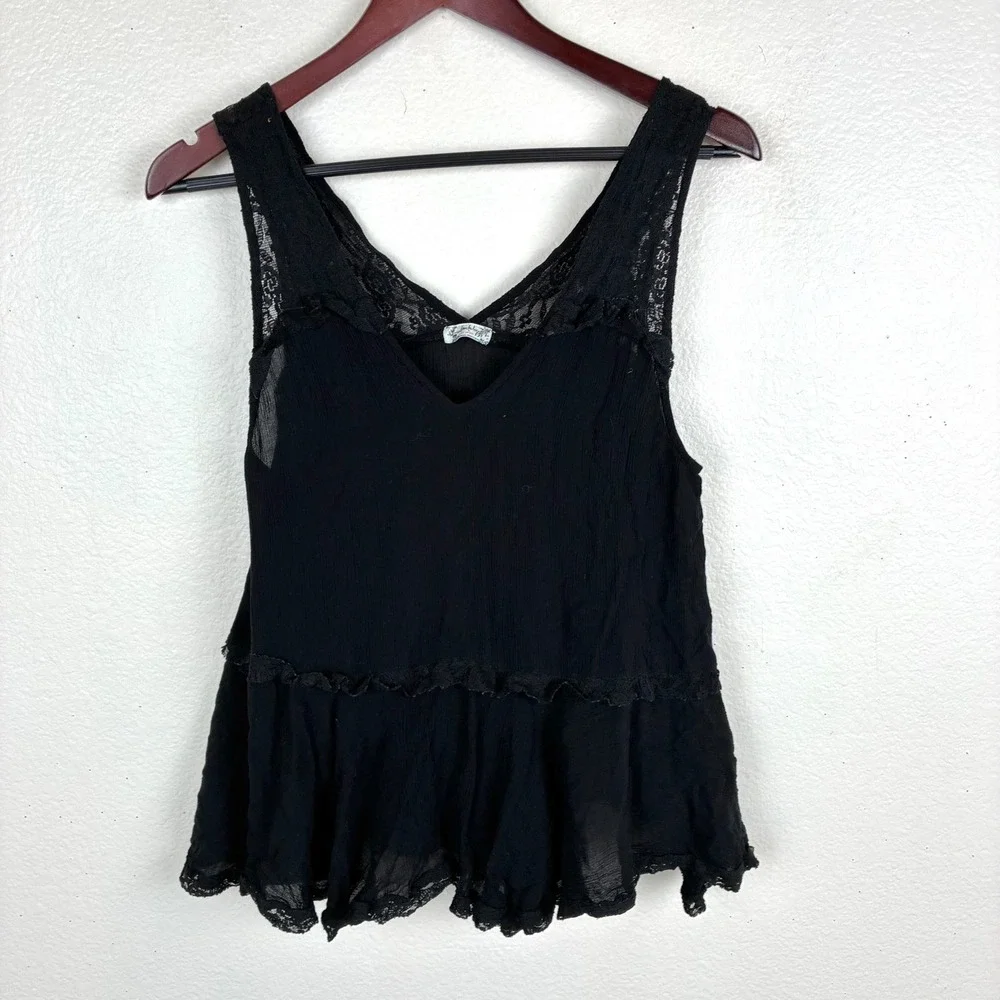 Free People Tank Top Sz S Babydoll Boho Flowy Cottage Lace Ruffle Tiered Fairy
